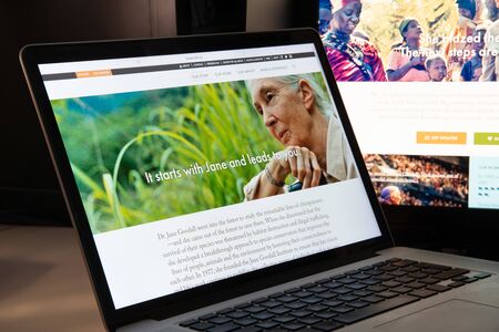 Milan, Italy - August 15, 2018: Jane Goodall NGO website homepage. Jane Goodall logo visible.のeditorial素材