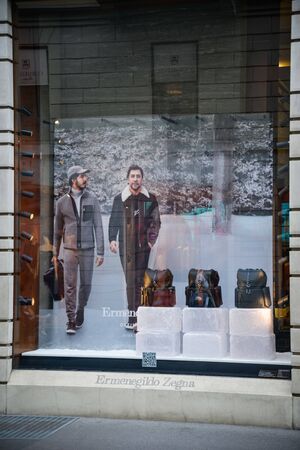 Milan, Italy - September 21, 2018: Zegna store in Milan. Montenapoleone area. Fashion week Zegna shopping.のeditorial素材