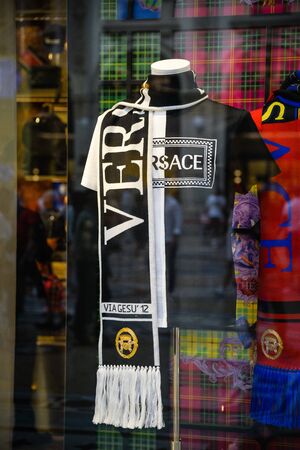 Milan, Italy - September 21, 2018: Versace store in Milan. Montenapoleone area. Fashion week Versace shopping.のeditorial素材