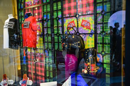 Milan, Italy - September 21, 2018: Versace store in Milan. Montenapoleone area. Fashion week Versace shopping.のeditorial素材