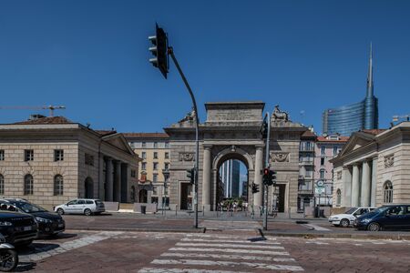 Milan, Italy - 30 June 2019: View of Porta Garibaldi, Piazza 25 Aprileのeditorial素材