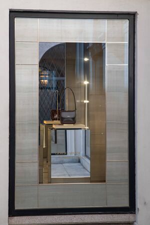 Milan, Italy â September 21, 2019: Giorgio Armani store in Milan. Montenapoleone area. Fashion week shoppingのeditorial素材