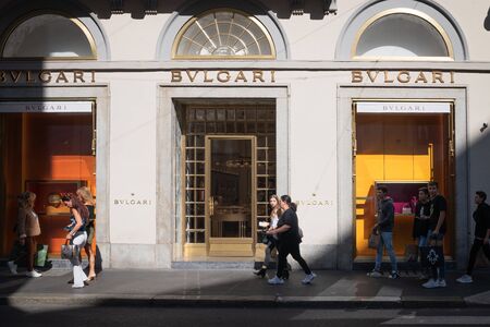 Milan, Italy â September 21, 2019: Bvlgari store in Milan. Montenapoleone area. Fashion week shoppingのeditorial素材
