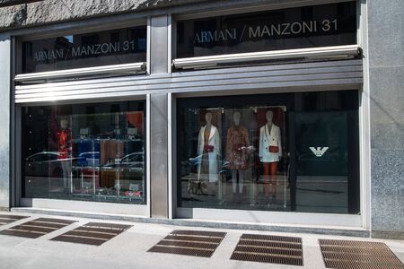 Milan, Italy â September 21, 2019: Giorgio Armani store in Milan. Montenapoleone area. Fashion week shoppingのeditorial素材