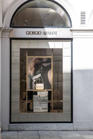 Milan, Italy â September 21, 2019: Giorgio Armani store in Milan. Montenapoleone area. Fashion week shoppingのeditorial素材