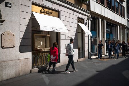 Milan, Italy â September 21, 2019: Cartier store in Milan. Montenapoleone area. Fashion week shoppingのeditorial素材
