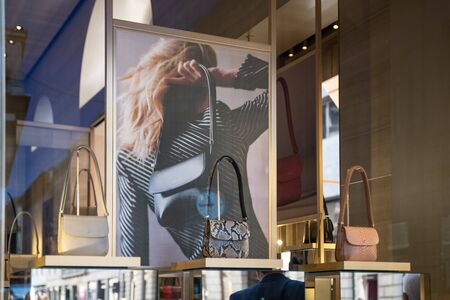 Milan, Italy â September 21, 2019: Giorgio Armani store in Milan. Montenapoleone area. Fashion week shoppingのeditorial素材