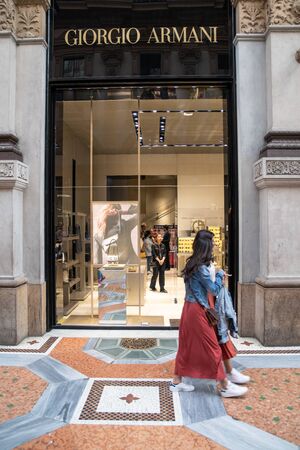 Milan, Italy â September 21, 2019: Giorgio Armani store in Milan. Montenapoleone area. Fashion week shoppingのeditorial素材