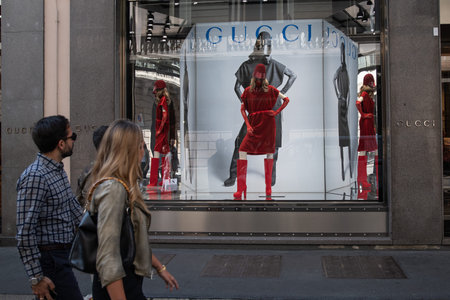 Milan, Italy â€“ September 21, 2019: Gucci store in Milan. Montenapoleone area. Fashion week...
