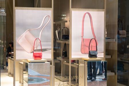 Milan, Italy â September 21, 2019: Giorgio Armani store in Milan. Montenapoleone area. Fashion week shoppingのeditorial素材