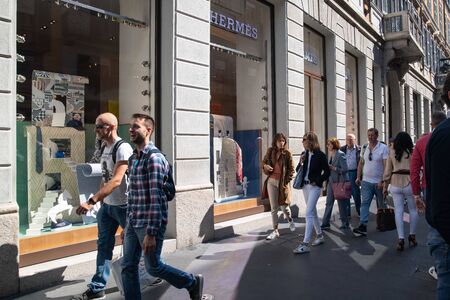 Milan, Italy â September 21, 2019: Hermes store in Milan. Montenapoleone area. Fashion week shoppingのeditorial素材