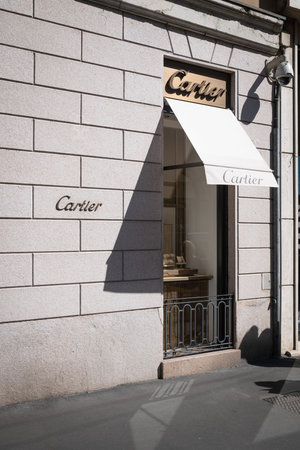 Milan, Italy â€“ September 21, 2019: Cartier store in Milan. Montenapoleone area. Fashion week...