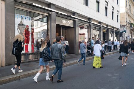 Milan, Italy â September 21, 2019: Gucci store in Milan. Montenapoleone area. Fashion week shoppingのeditorial素材