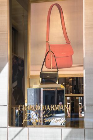 Milan, Italy â September 21, 2019: Giorgio Armani store in Milan. Montenapoleone area. Fashion week shoppingのeditorial素材
