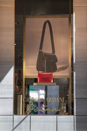 Milan, Italy â September 21, 2019: Giorgio Armani store in Milan. Montenapoleone area. Fashion week shoppingのeditorial素材