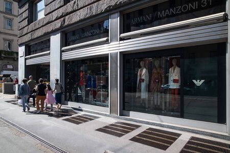 Milan, Italy â September 21, 2019: Giorgio Armani store in Milan. Montenapoleone area. Fashion week shoppingのeditorial素材
