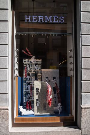 Milan, Italy â September 21, 2019: Hermes store in Milan. Montenapoleone area. Fashion week shoppingのeditorial素材