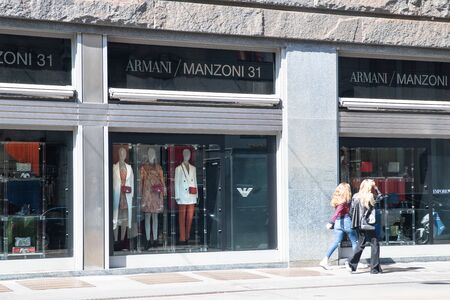 Milan, Italy â September 21, 2019: Giorgio Armani store in Milan. Montenapoleone area. Fashion week shoppingのeditorial素材