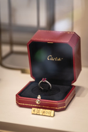 Milan, Italy â€“ September 21, 2019: Cartier store in Milan. Montenapoleone area. Fashion week...