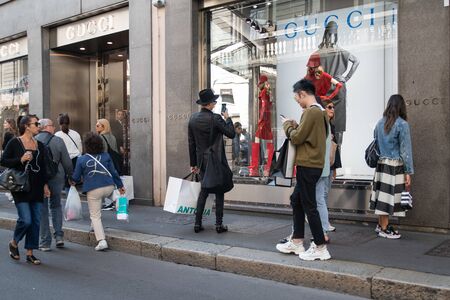 Milan, Italy â September 21, 2019: Gucci store in Milan. Montenapoleone area. Fashion week shoppingのeditorial素材