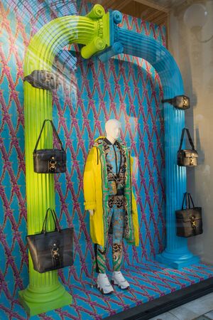 Milan, Italy  September 21, 2019: Versace store in Milan. Montenapoleone area. Fashion week shoppingのeditorial素材