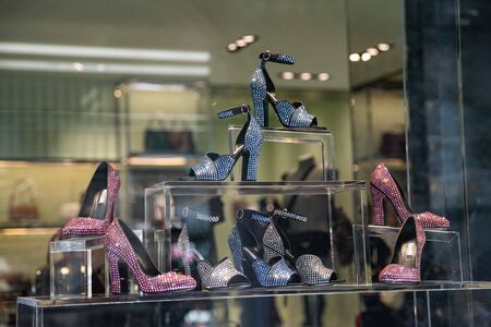 Milan, Italy â September 21, 2019: Prada store in Milan. Montenapoleone area. Fashion week shoppingのeditorial素材