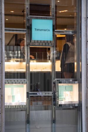 Milan, Italy â September 21, 2019: Tiffany store in Milan. Montenapoleone area. Fashion week shoppingのeditorial素材