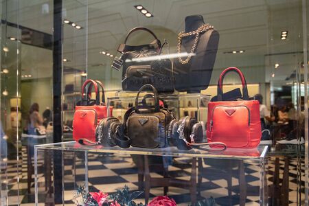 Milan, Italy â September 21, 2019: Prada store in Milan. Montenapoleone area. Fashion week shoppingのeditorial素材