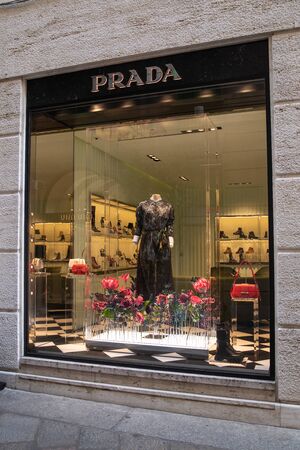 Milan, Italy â September 21, 2019: Prada store in Milan. Montenapoleone area. Fashion week shoppingのeditorial素材
