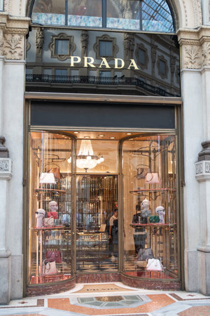 Milan, Italy â€“ September 21, 2019: Prada store in Milan. Montenapoleone area. Fashion week...