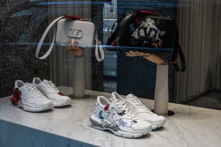 Milan, Italy â September 21, 2019: Valentino store in Milan. Montenapoleone area. Fashion week shoppingのeditorial素材