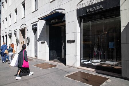 Milan, Italy â September 21, 2019: Prada store in Milan. Montenapoleone area. Fashion week shoppingのeditorial素材