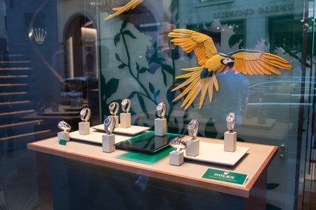 Milan, Italy â€“ September 21, 2019: Rolex store in Milan. Montenapoleone area. Fashion week...