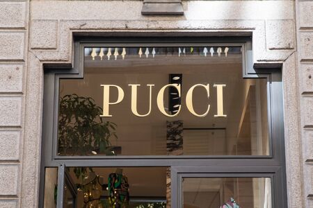 Milan, Italy â September 21, 2019: Pucci store in Milan. Montenapoleone area. Fashion week shoppingのeditorial素材