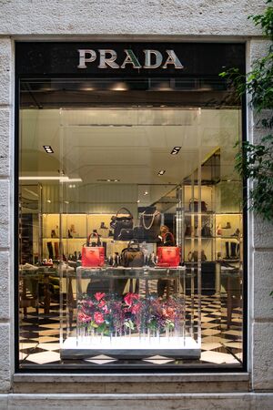 Milan, Italy â September 21, 2019: Prada store in Milan. Montenapoleone area. Fashion week shoppingのeditorial素材