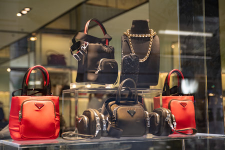 Milan, Italy â€“ September 21, 2019: Prada store in Milan. Montenapoleone area. Fashion week...