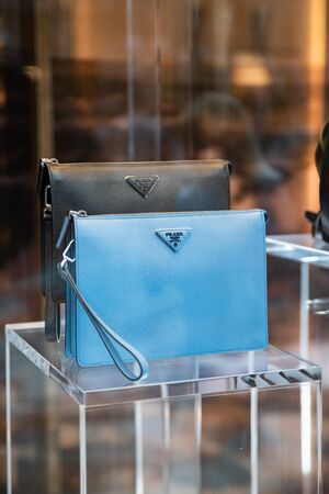 Milan, Italy â September 21, 2019: Prada store in Milan. Montenapoleone area. Fashion week shoppingのeditorial素材