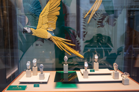 Milan, Italy â€“ September 21, 2019: Rolex store in Milan. Montenapoleone area. Fashion week...