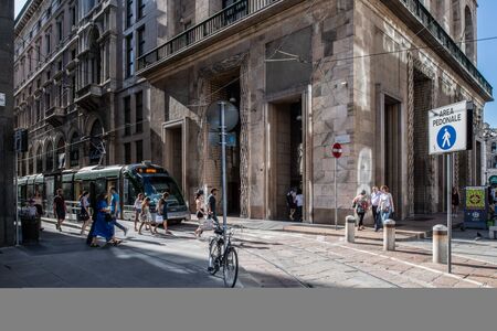 Milan, Italy - 30 June 2019: View of Piazza Diaz, Arengario, Museo del 900のeditorial素材