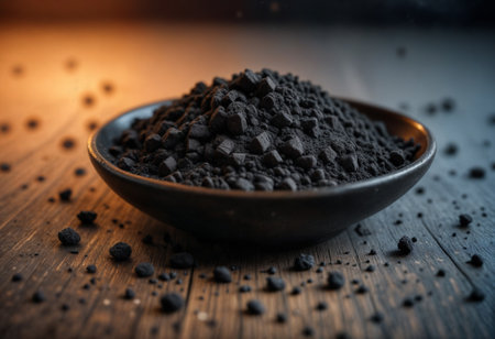 Activated carbon granules in a black bowl on a rustic wooden surface, perfect for commercial, health, and eco-friendly product promotionsの素材