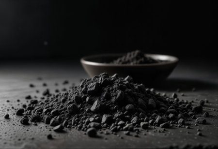Activated carbon granules and powder on a dark surface, ideal for commercial, industrial, and scientific uses in purification, filtration, and detox applicationsの素材