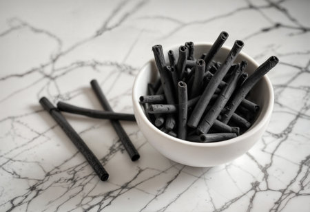 Activated carbon sticks in a white bowl on marble, perfect for commercial ads, wellness, eco-friendly, and home decor conceptsの素材