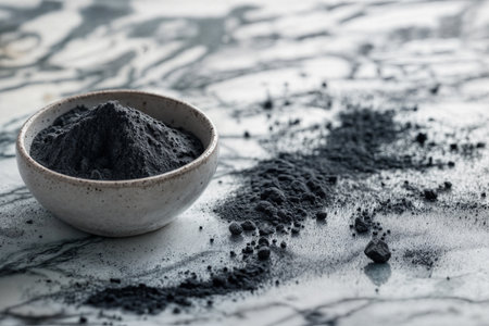 Activated carbon powder in a ceramic bowl on marble, perfect for commercial, health, beauty, or environmental product advertising and editorial useの素材