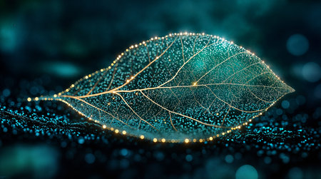 A stunning depiction of a leaf illuminated with digital effects, symbolizing sustainable technology and ecological innovation, perfect for eco-friendly marketing and design projects.の素材