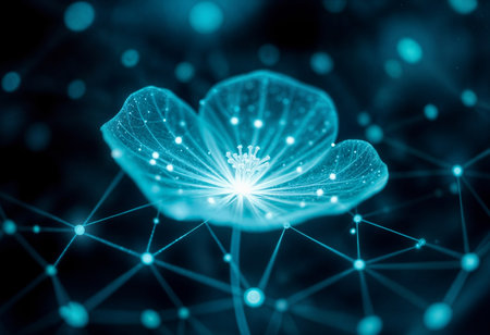 Experience the fusion of nature and technology with this digital flower network, embodying sustainable innovation and eco-friendly advancement in vibrant blue hues.の素材