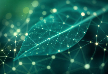 A digital leaf intertwines nature and technology, symbolizing sustainable innovation. Perfect for eco-tech campaigns and forward-thinking brands.の素材