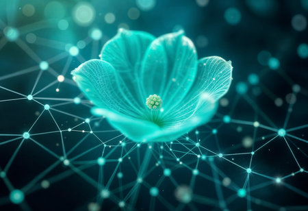 Futuristic digital flower depicting sustainable technology. Perfect for eco-friendly concepts, green innovation, and blending nature with technology for a modern, connected world.の素材
