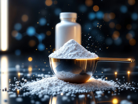 Sleek commercial image of sports supplement powder with measuring scoop and bottle, ideal for promoting fitness, nutrition, and health-related productsの素材