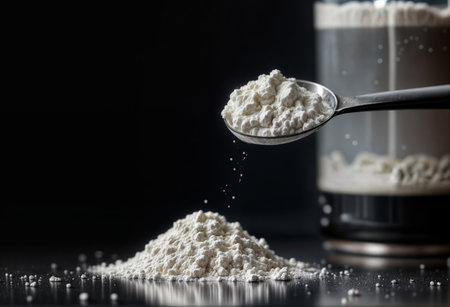 High-contrast image of creatine powder and scoop, ideal for commercial use in sports nutrition, supplement marketing, and fitness industry promotionsの素材