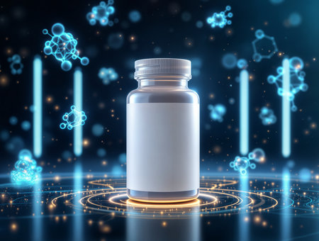 Futuristic supplement bottle with glowing molecular graphics, perfect for commercial use in sports nutrition, fitness branding, and health supplement advertisingの素材